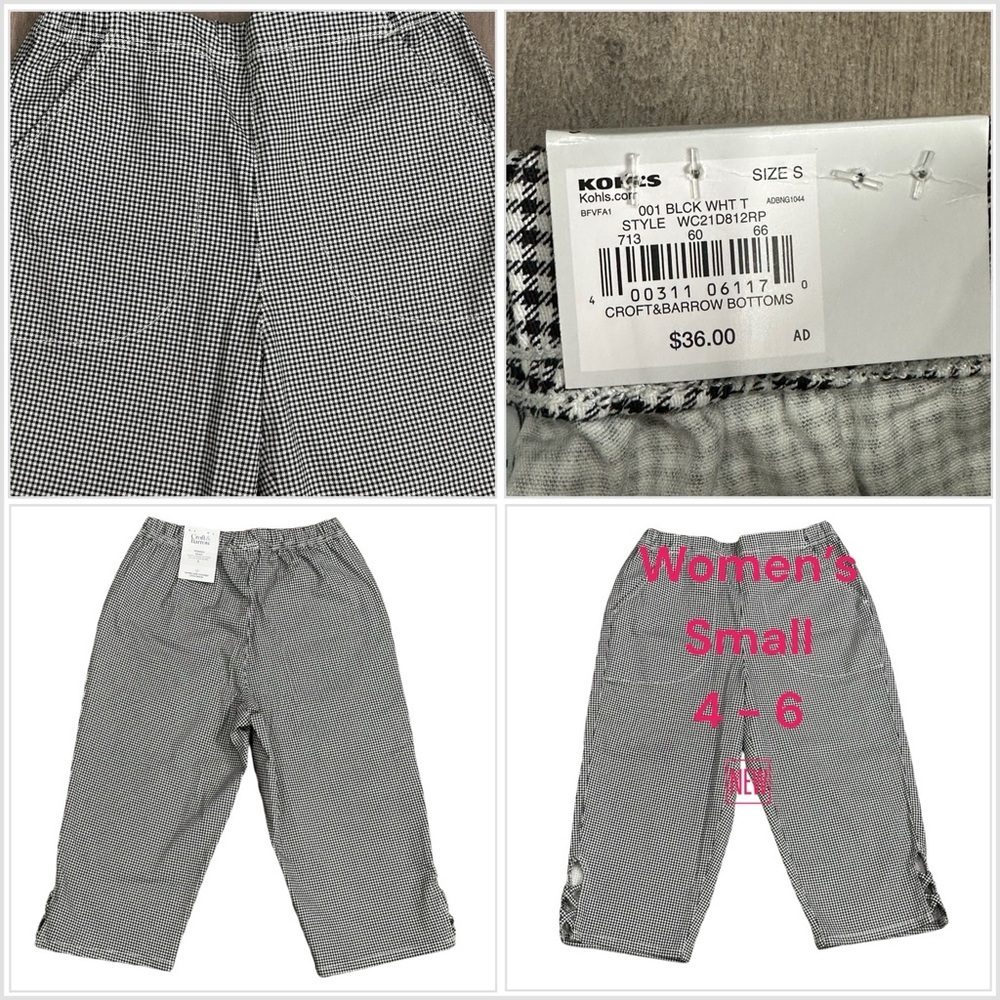 Womens Croft & Barrow Small 4 6 Pants Legging Pull On Check White Black Stretch